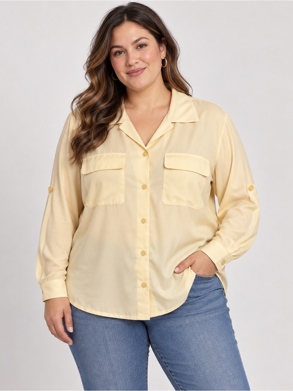 NWOT Chaus & Co 100% Silk Utility Blouse 16W Butter Yellow Roll Tab